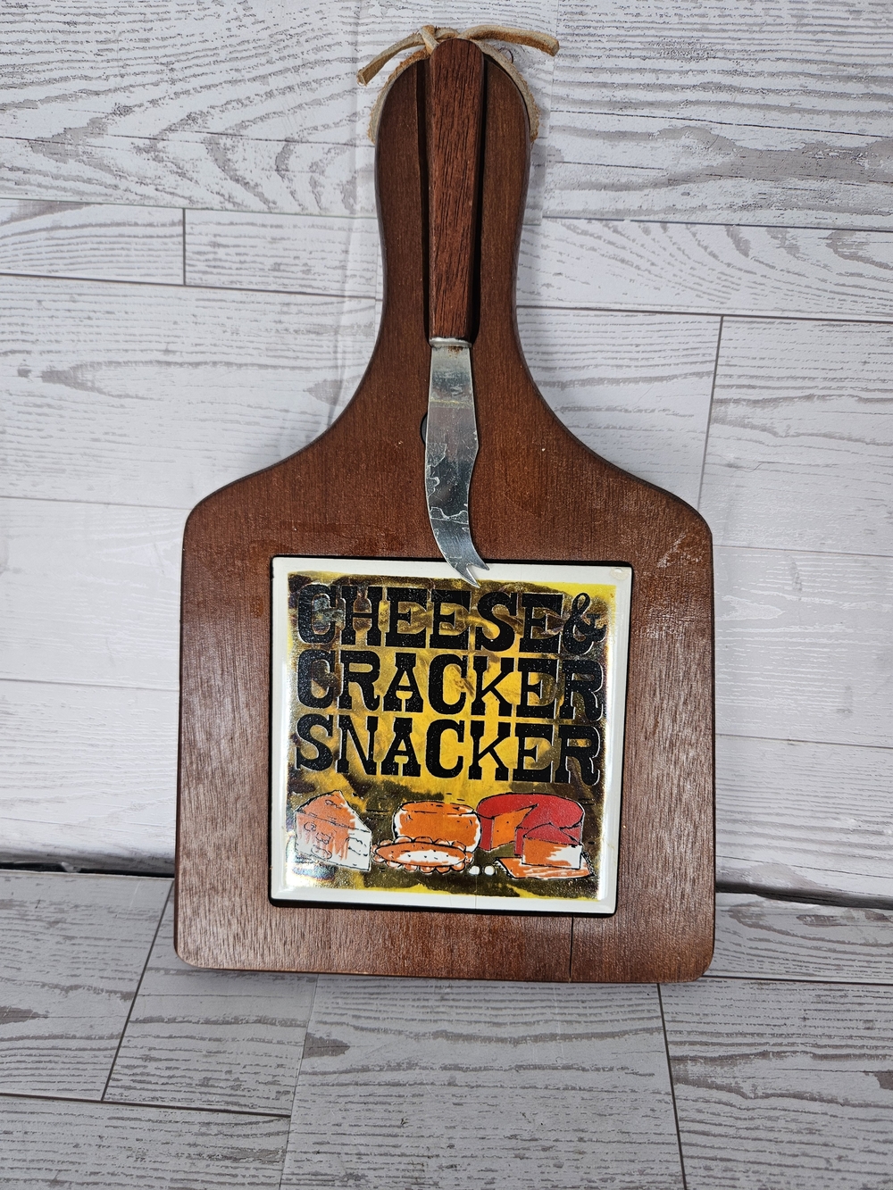 Cheese & Cracker Snacker Serving Paddle with Knife - Wood and Ceramic VINTAGE